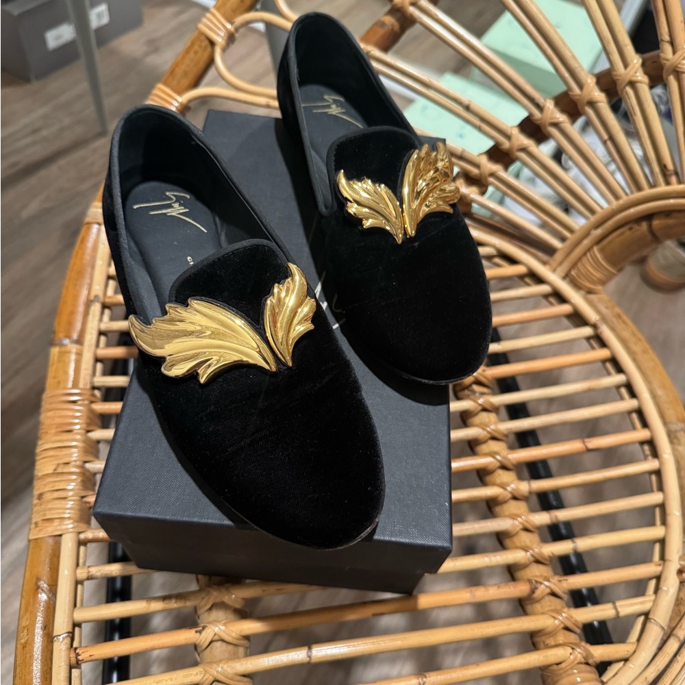Giuseppe Zanotti Velvet Black Moccasins with Gold Leaf Accent